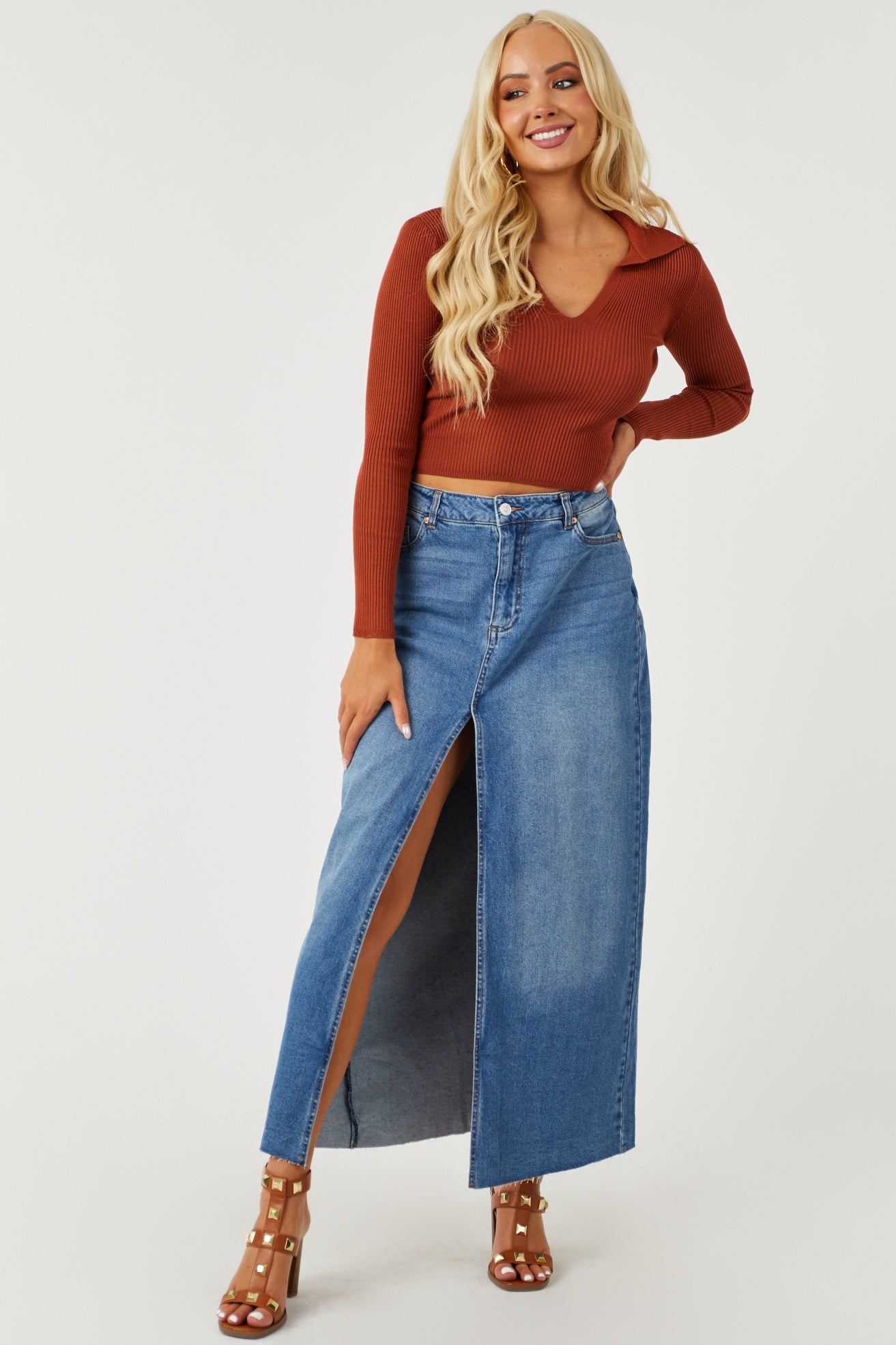 Medium Wash Denim Front Slit Maxi Skirt