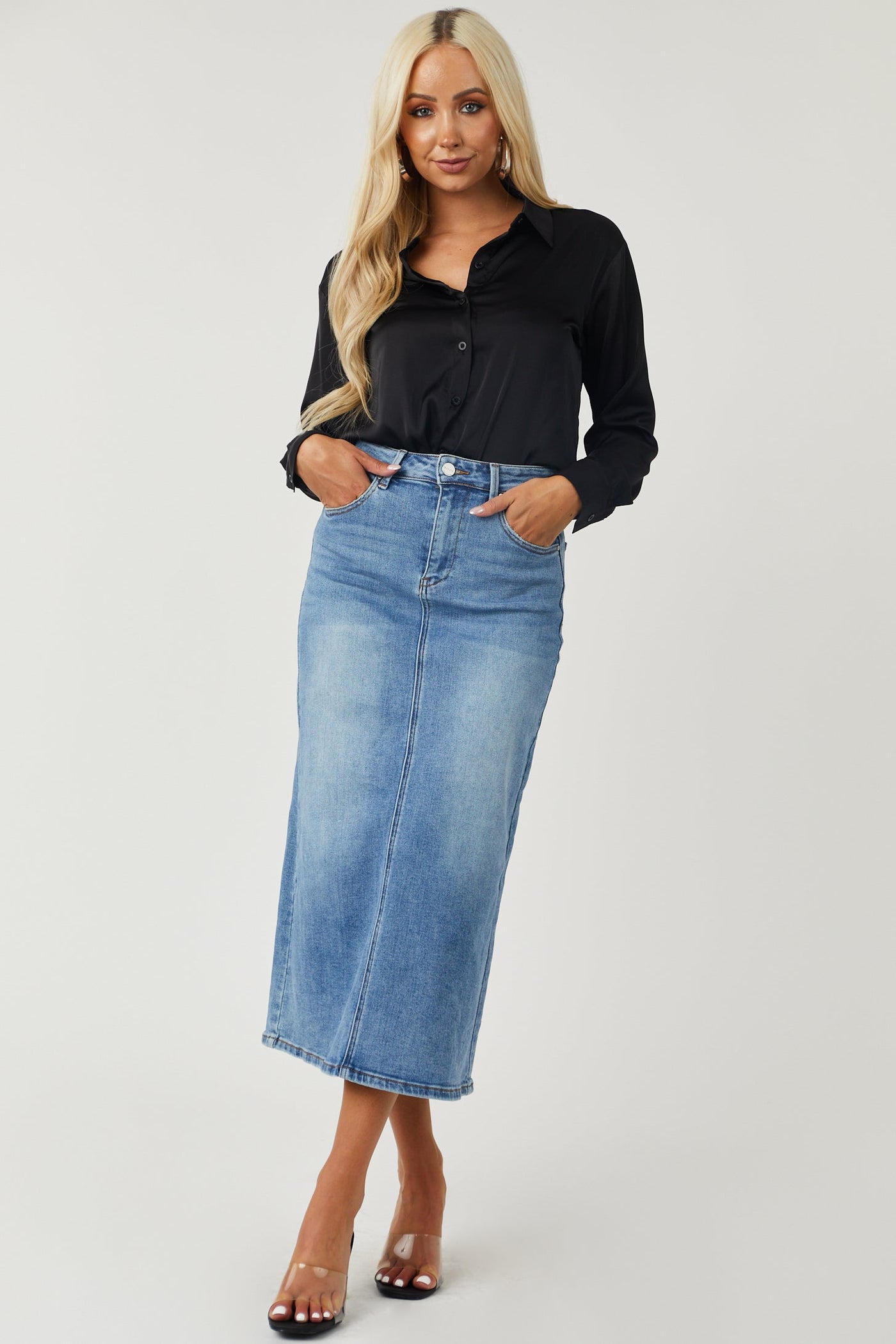 Medium Wash Denim High Rise Back Slit Skirt