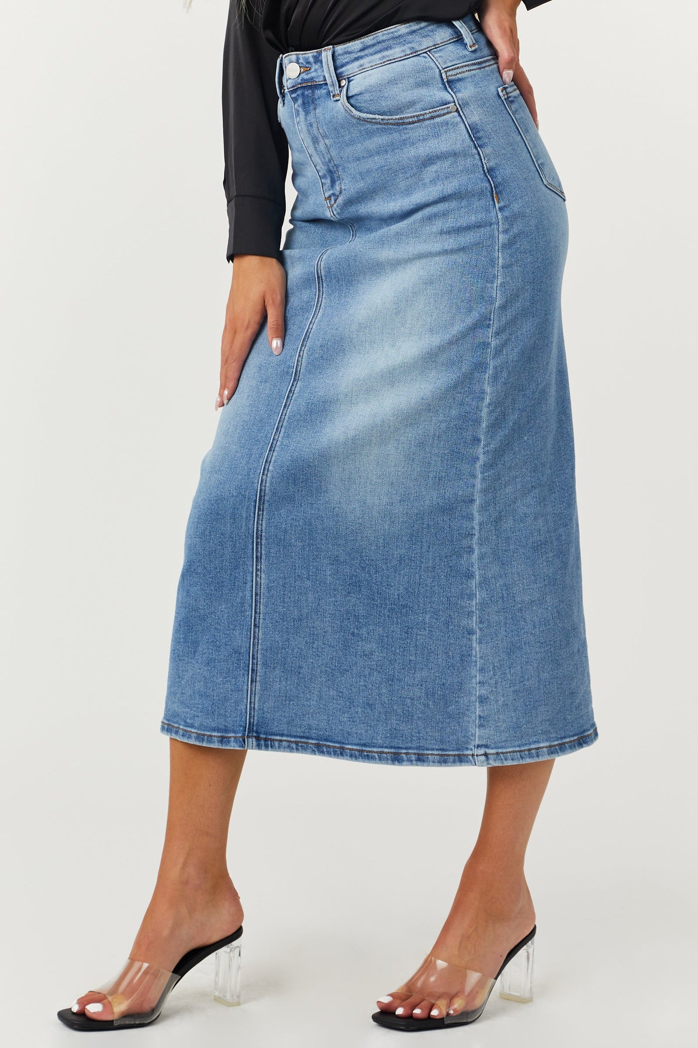 Medium Wash Denim High Rise Back Slit Skirt