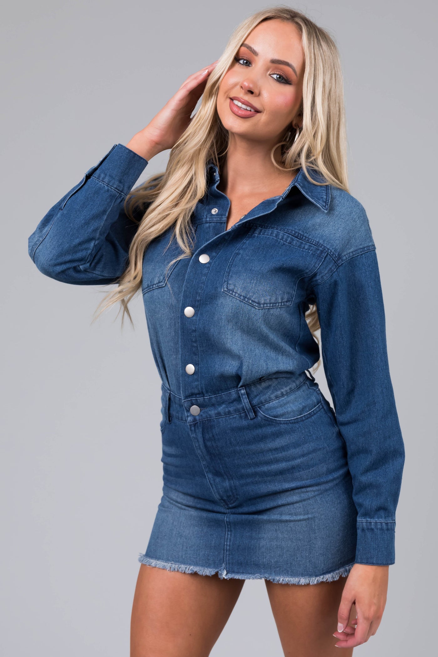 Medium Wash Denim Long Sleeve Mini Dress