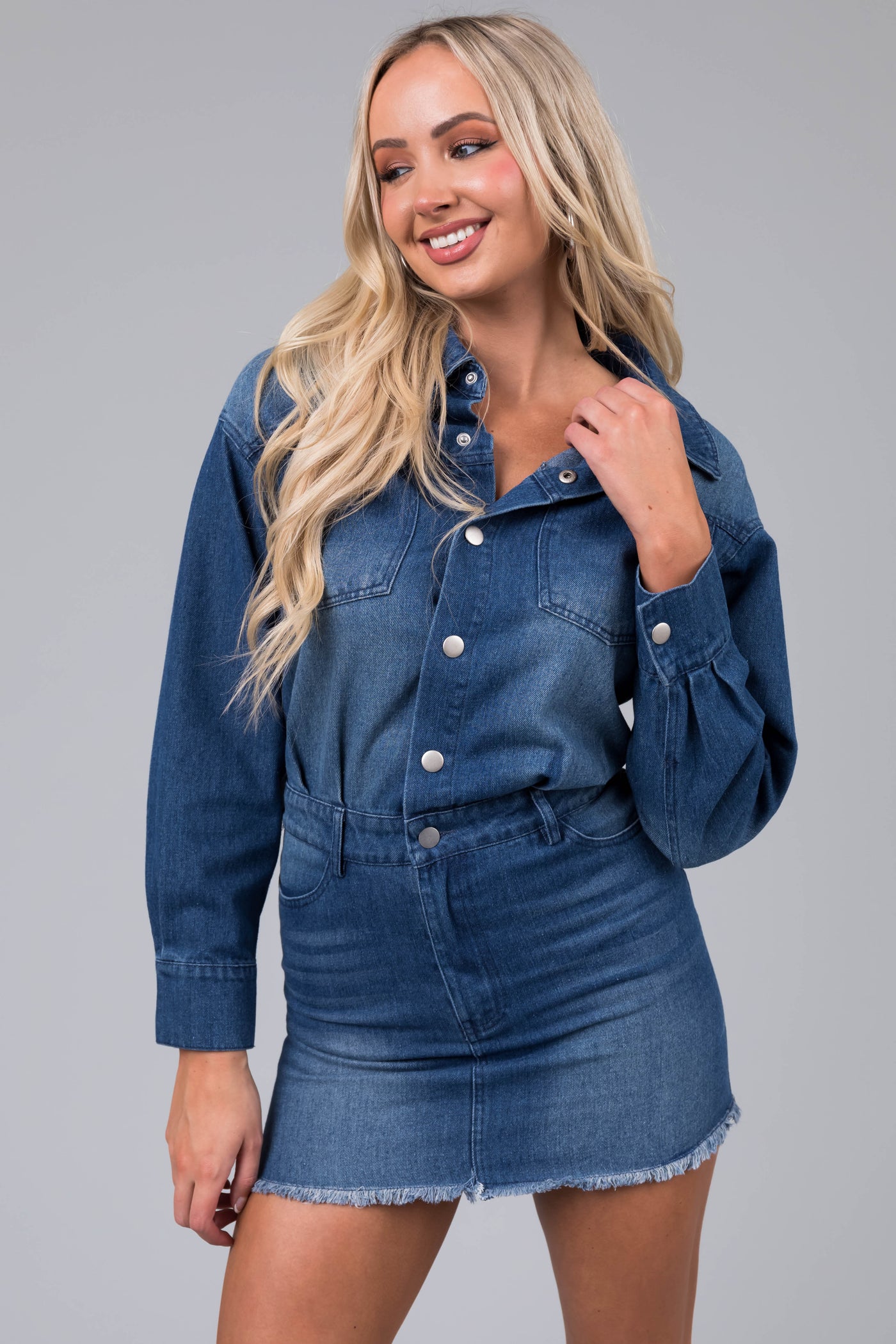 Medium Wash Denim Long Sleeve Mini Dress