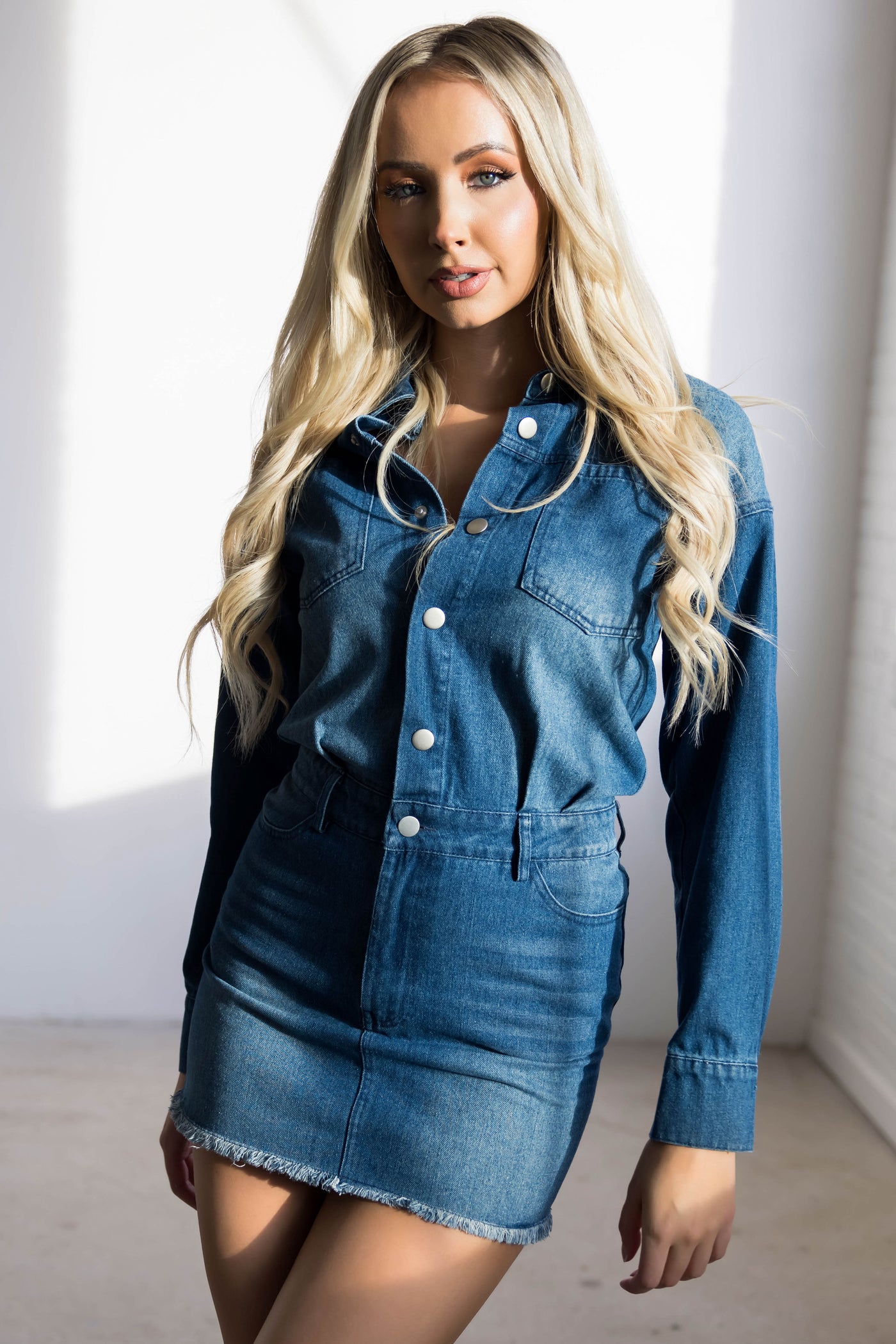 Medium Wash Denim Long Sleeve Mini Dress