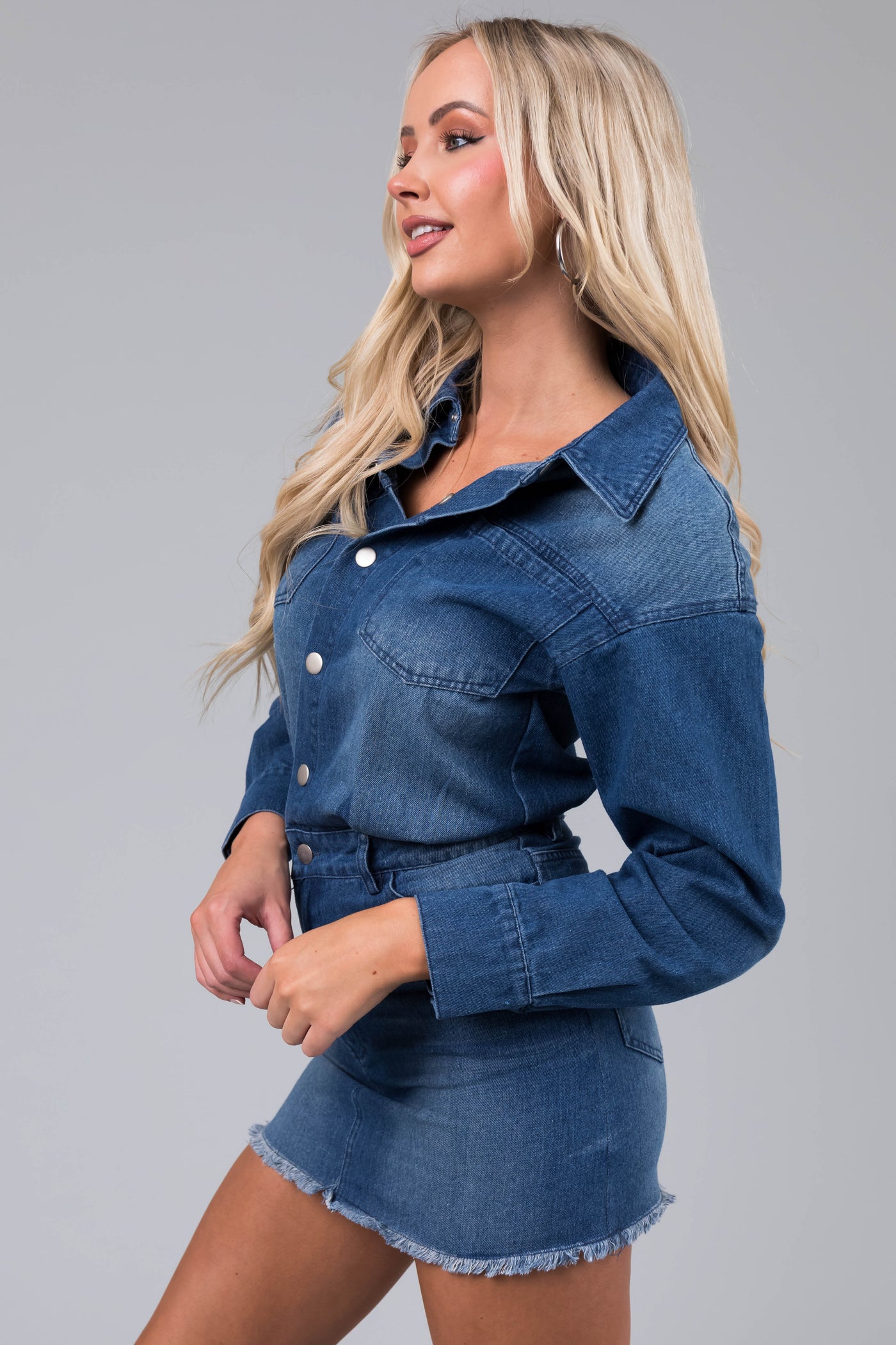 Medium Wash Denim Long Sleeve Mini Dress