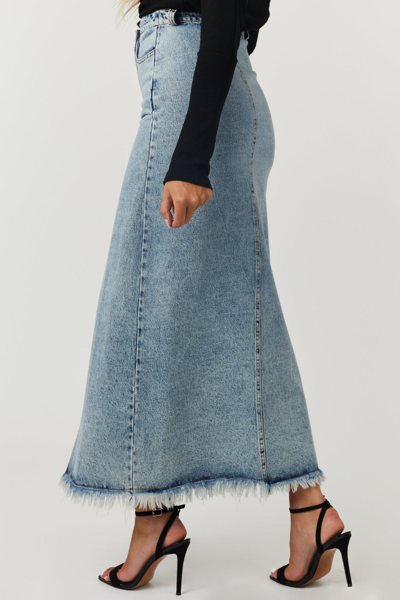 Medium Wash Denim Maxi Skirt with Front Slit