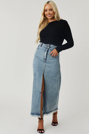 Medium Wash Denim Maxi Skirt with Front Slit