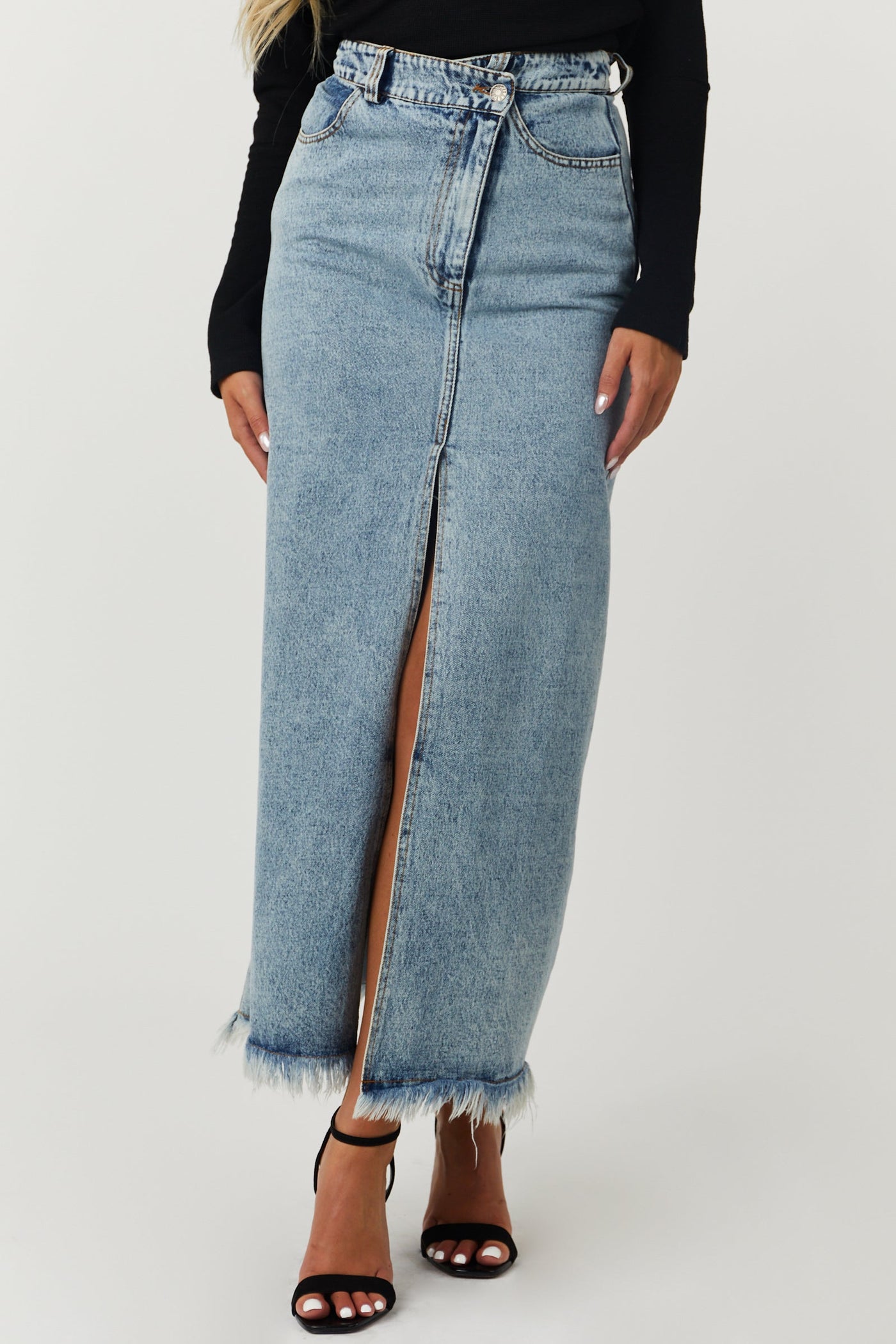 Medium Wash Denim Maxi Skirt with Front Slit