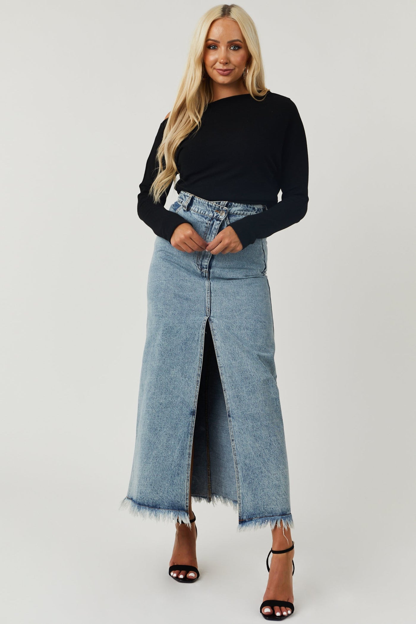 Medium Wash Denim Maxi Skirt with Front Slit