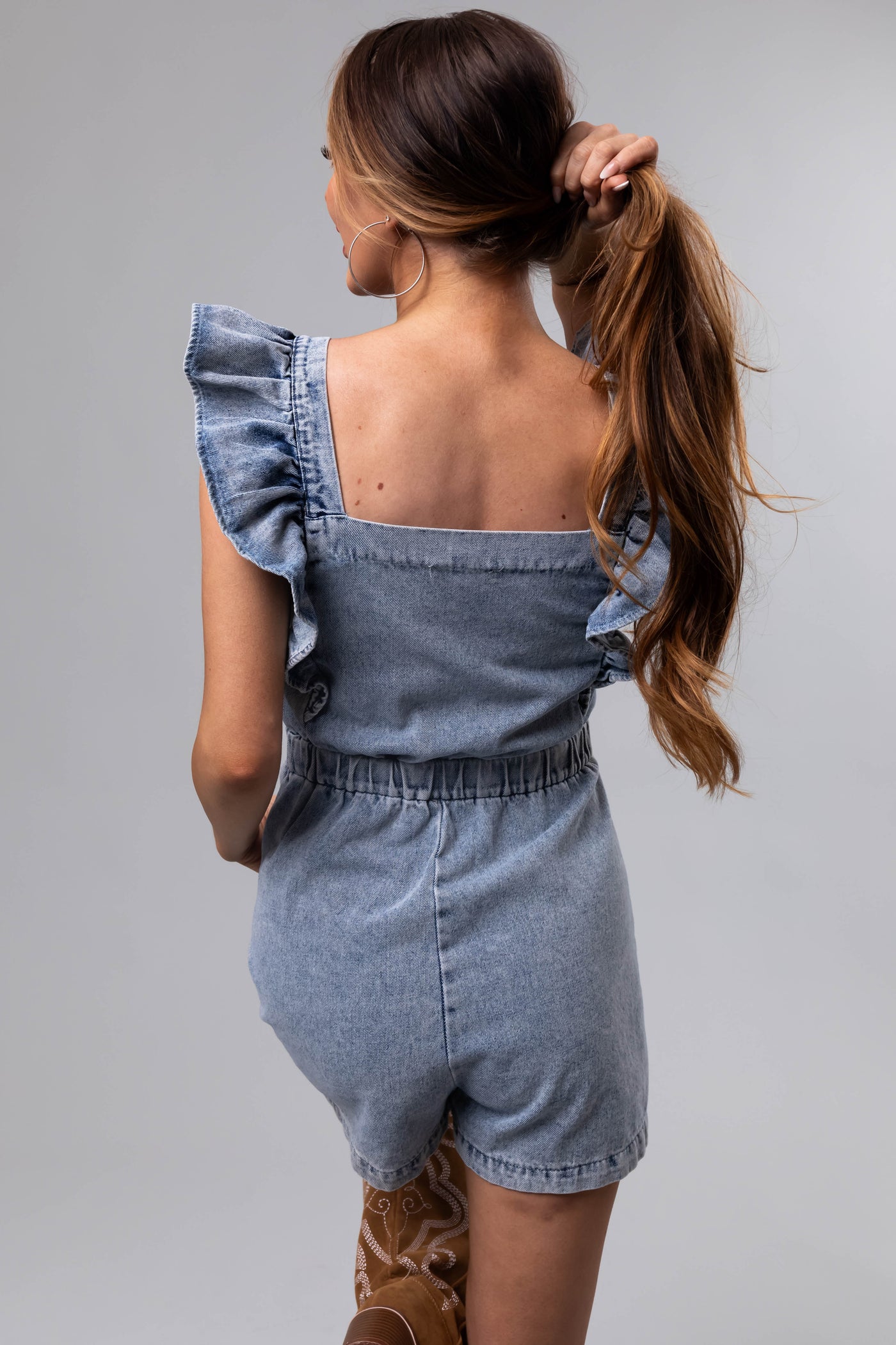 Medium Wash Denim Ruffle Romper