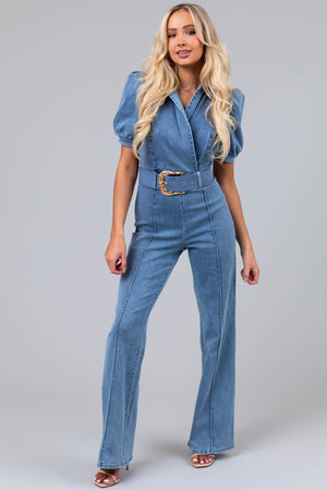 Medium Wash Denim Short Puff Sleeve Jumpsuit