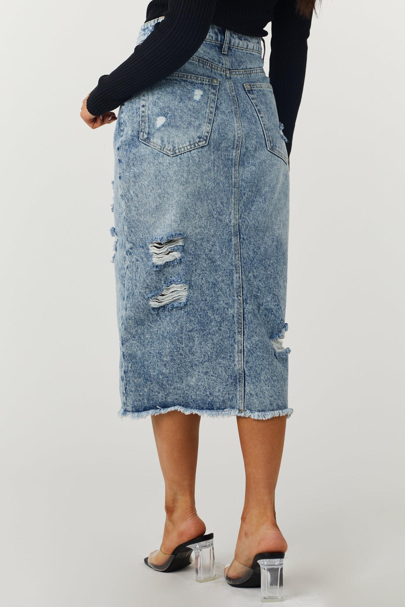 Medium Wash Distressed Denim Midi Skirt