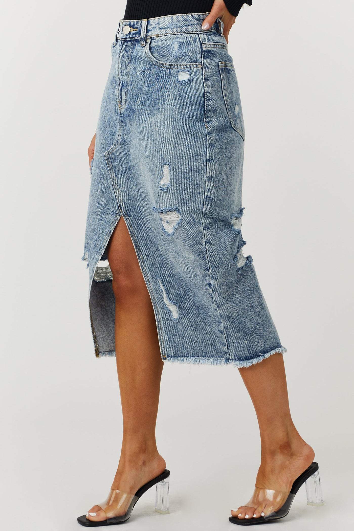 Medium Wash Distressed Denim Midi Skirt
