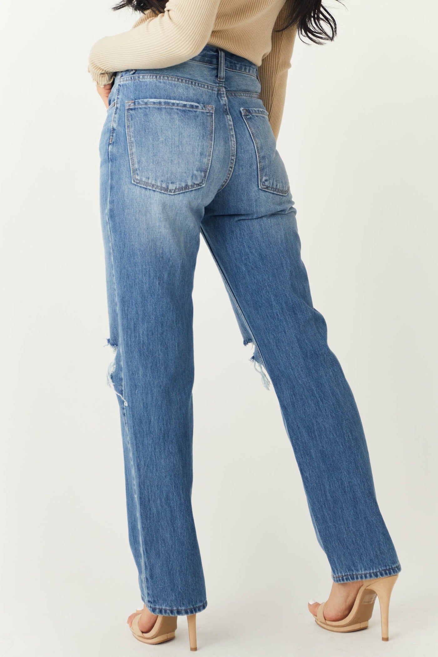 Medium Wash Distressed Knee Straight Leg Jeans