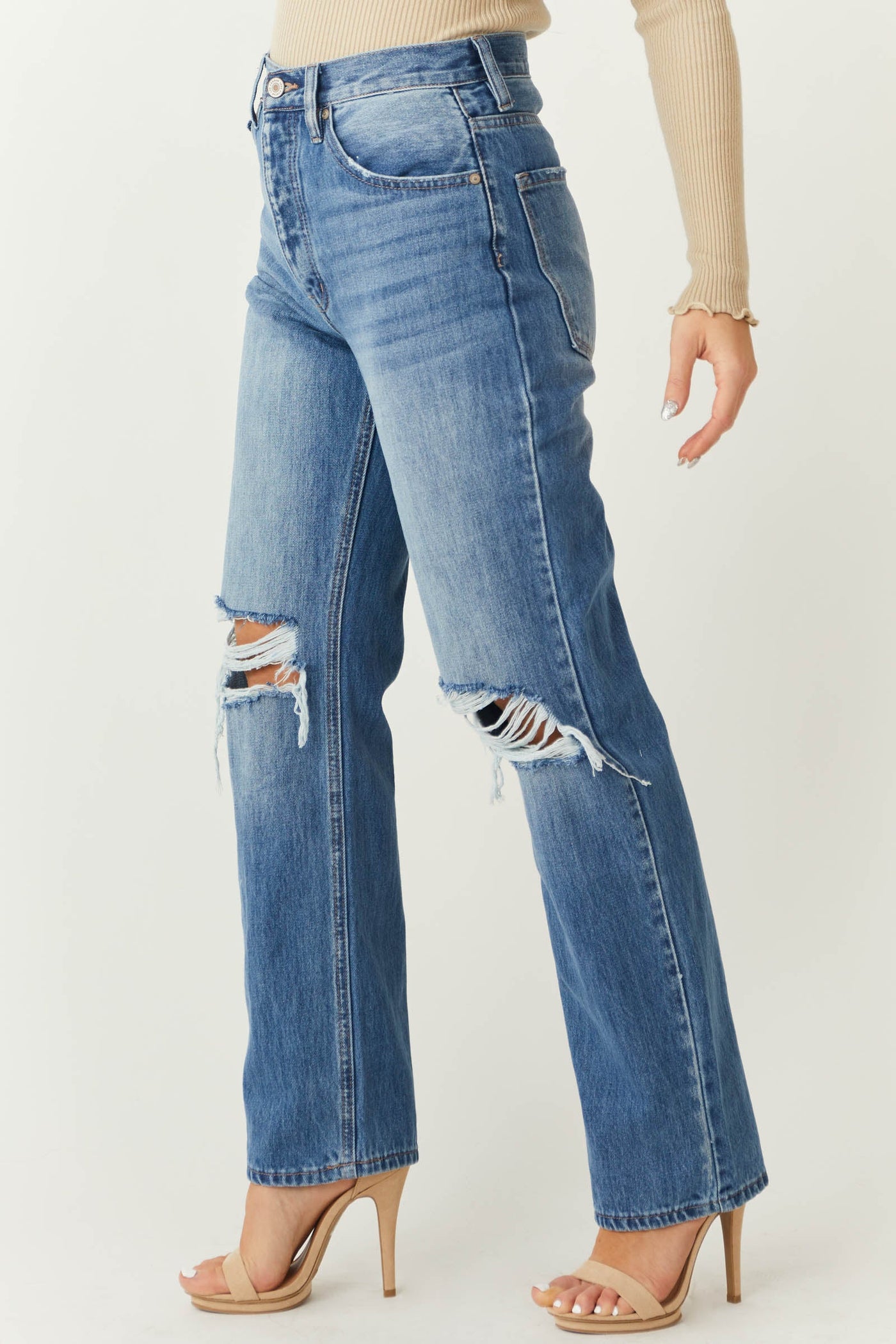 Medium Wash Distressed Knee Straight Leg Jeans