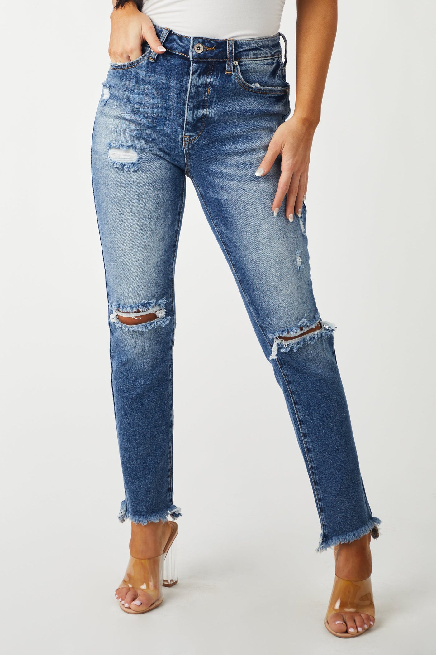 Medium Wash Distressed Relaxed Skinny Fit Jeans