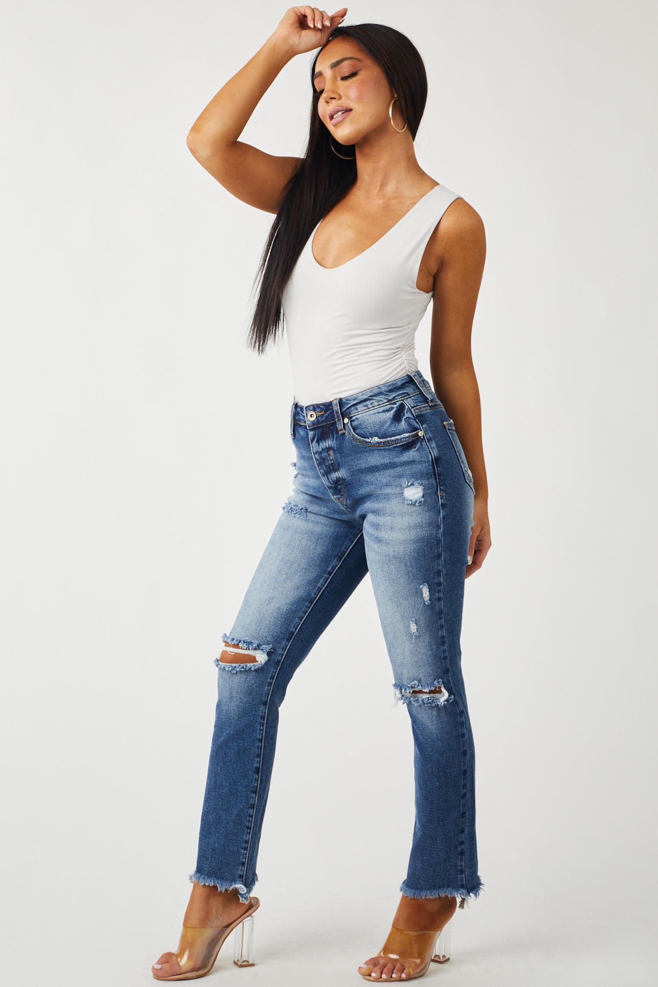 Medium Wash Distressed Relaxed Skinny Fit Jeans
