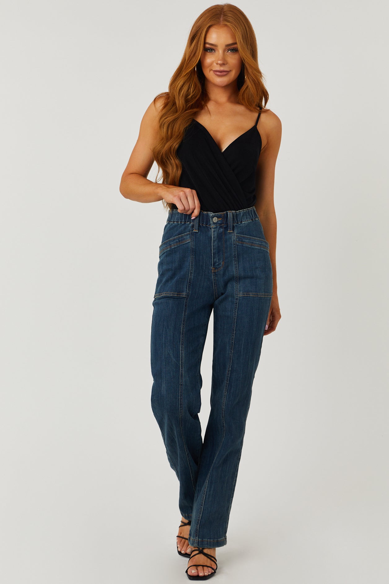 Medium Wash Elastic Waist Vintage Straight Jeans