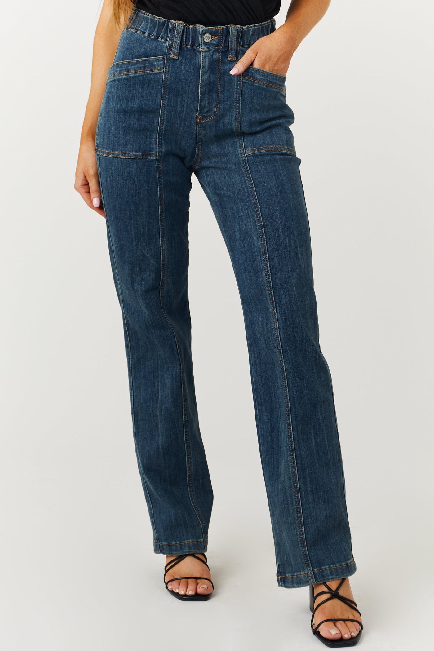 Medium Wash Elastic Waist Vintage Straight Jeans
