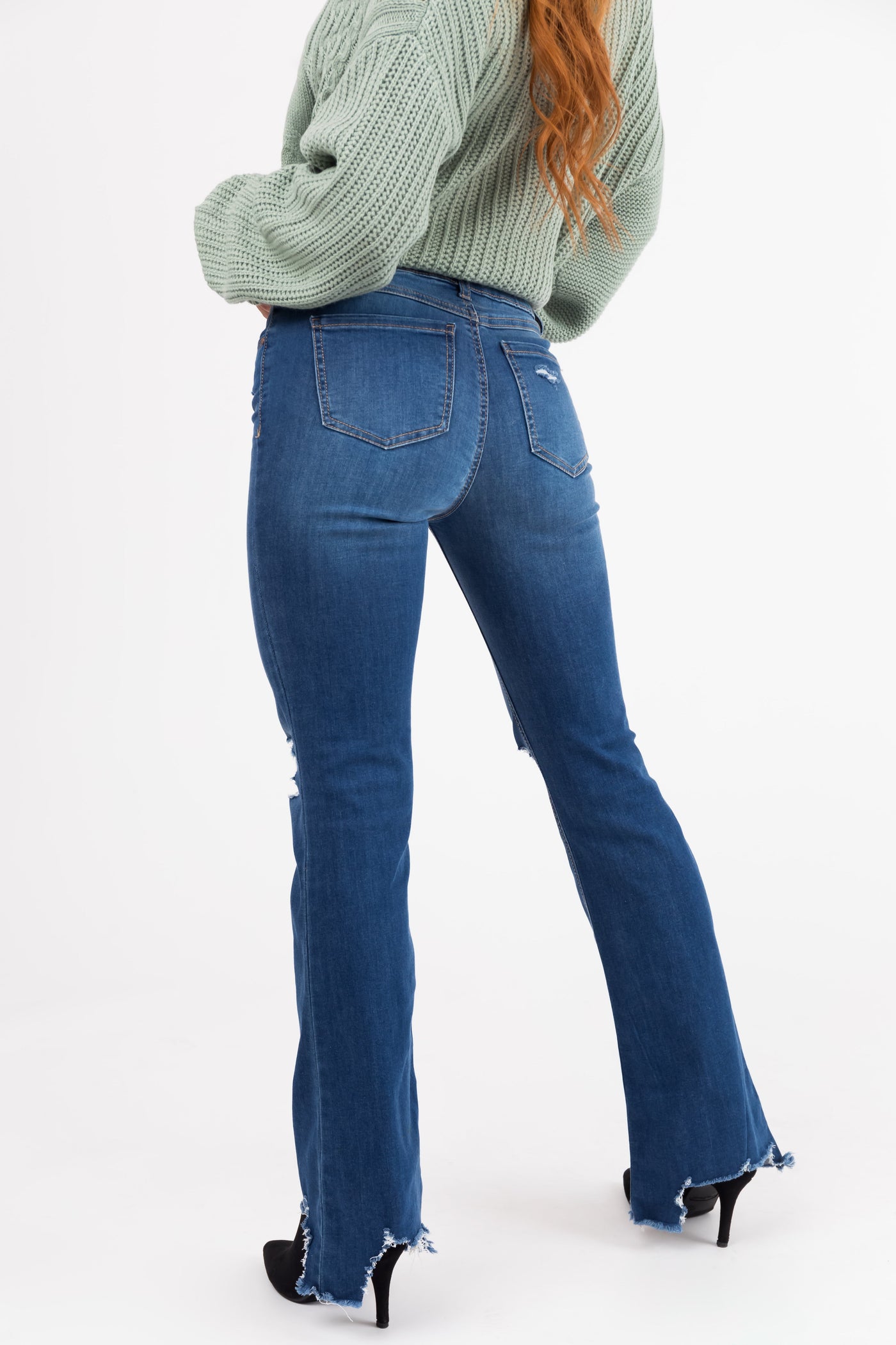 Rewash Medium Wash Fit and Flare Torn Hem Jeans