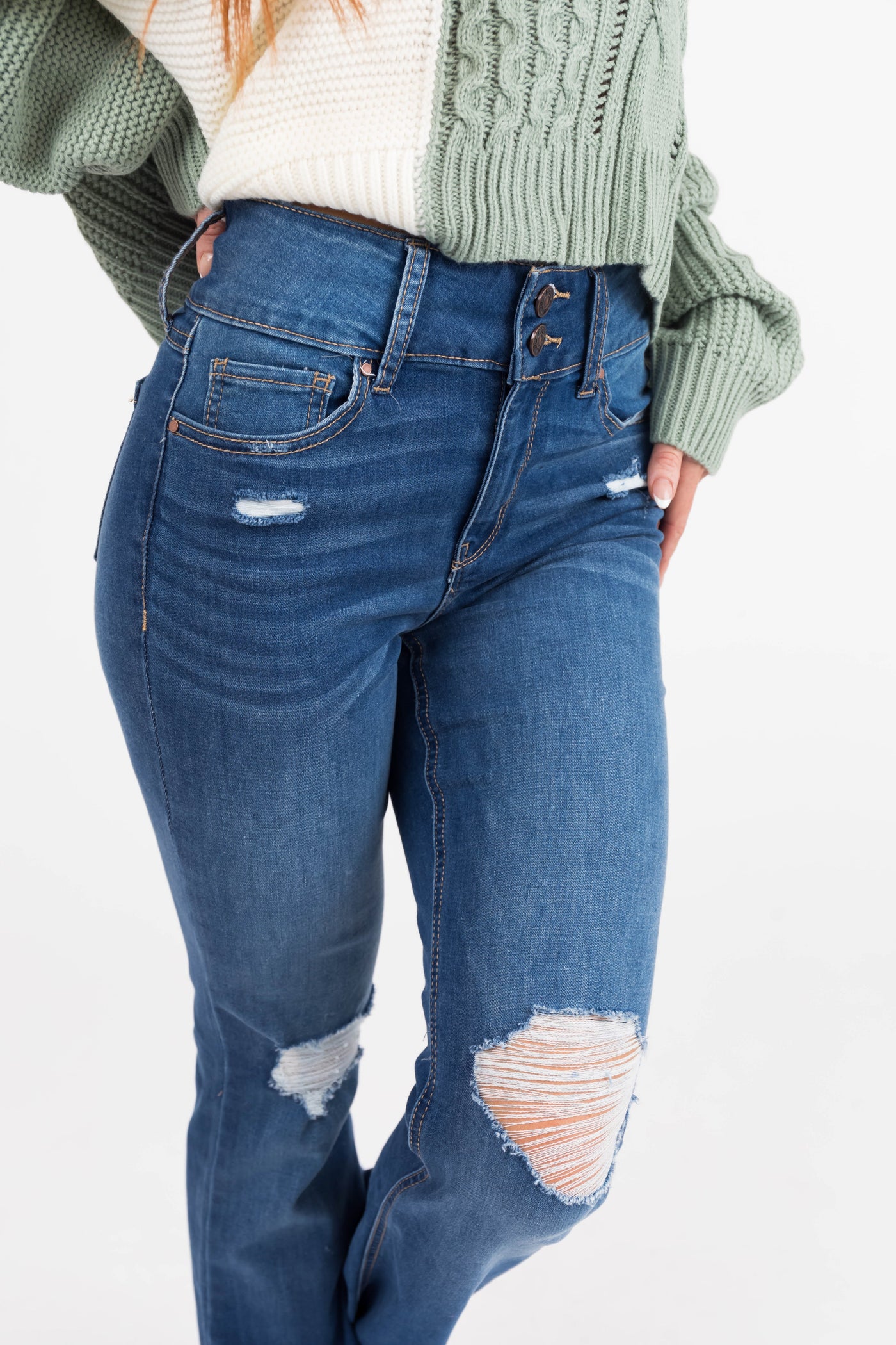 Rewash Medium Wash Fit and Flare Torn Hem Jeans