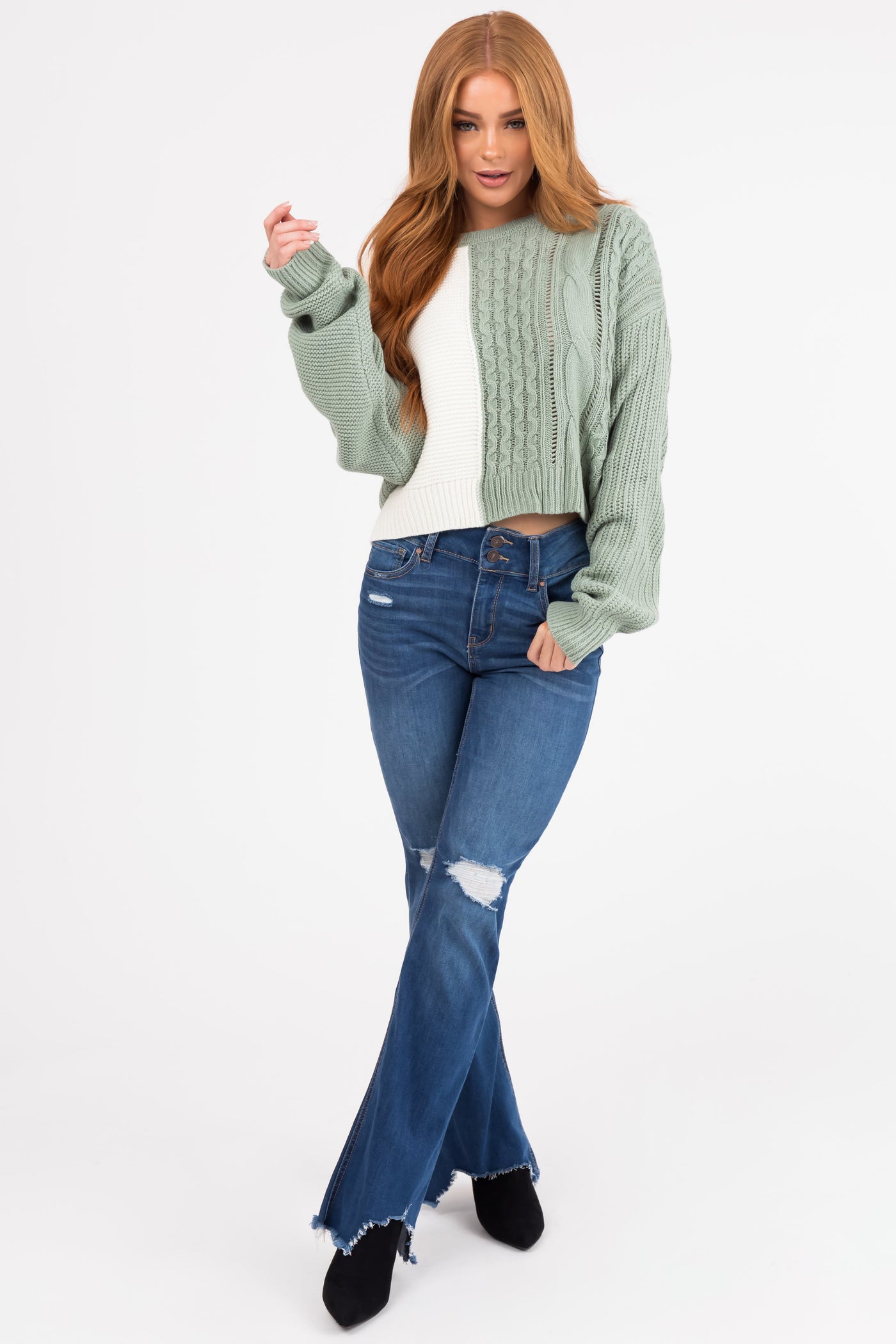 Rewash Medium Wash Fit and Flare Torn Hem Jeans