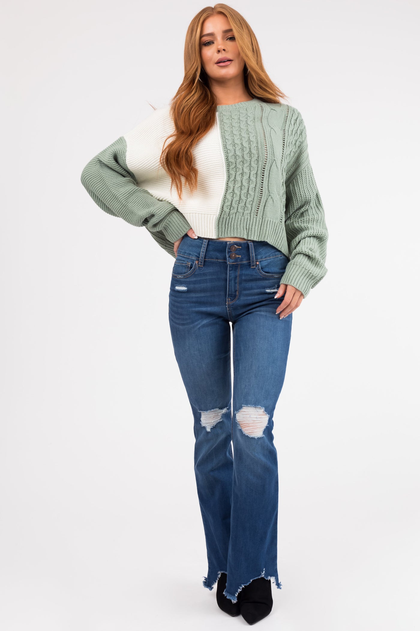 Rewash Medium Wash Fit and Flare Torn Hem Jeans