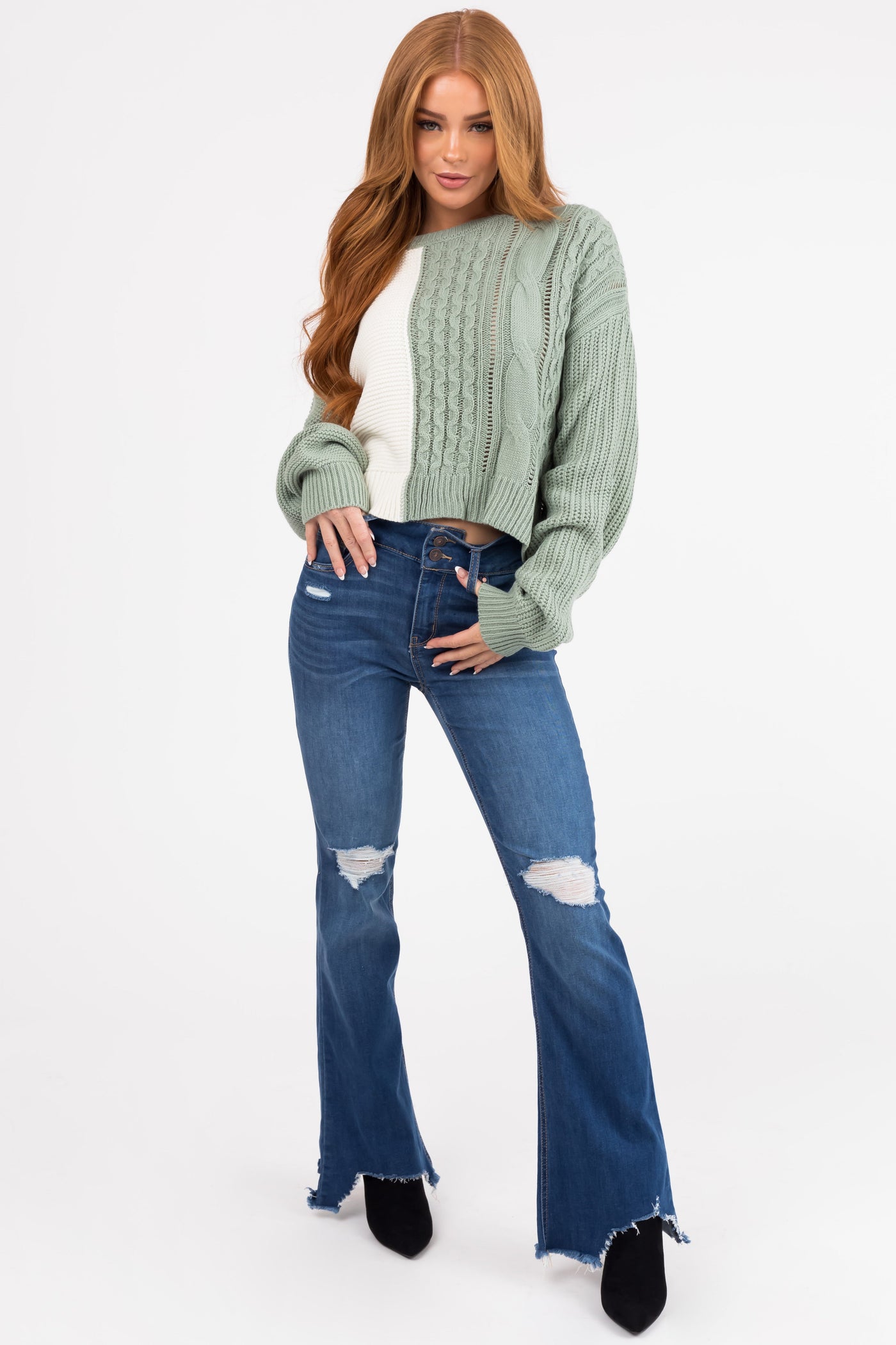 Rewash Medium Wash Fit and Flare Torn Hem Jeans