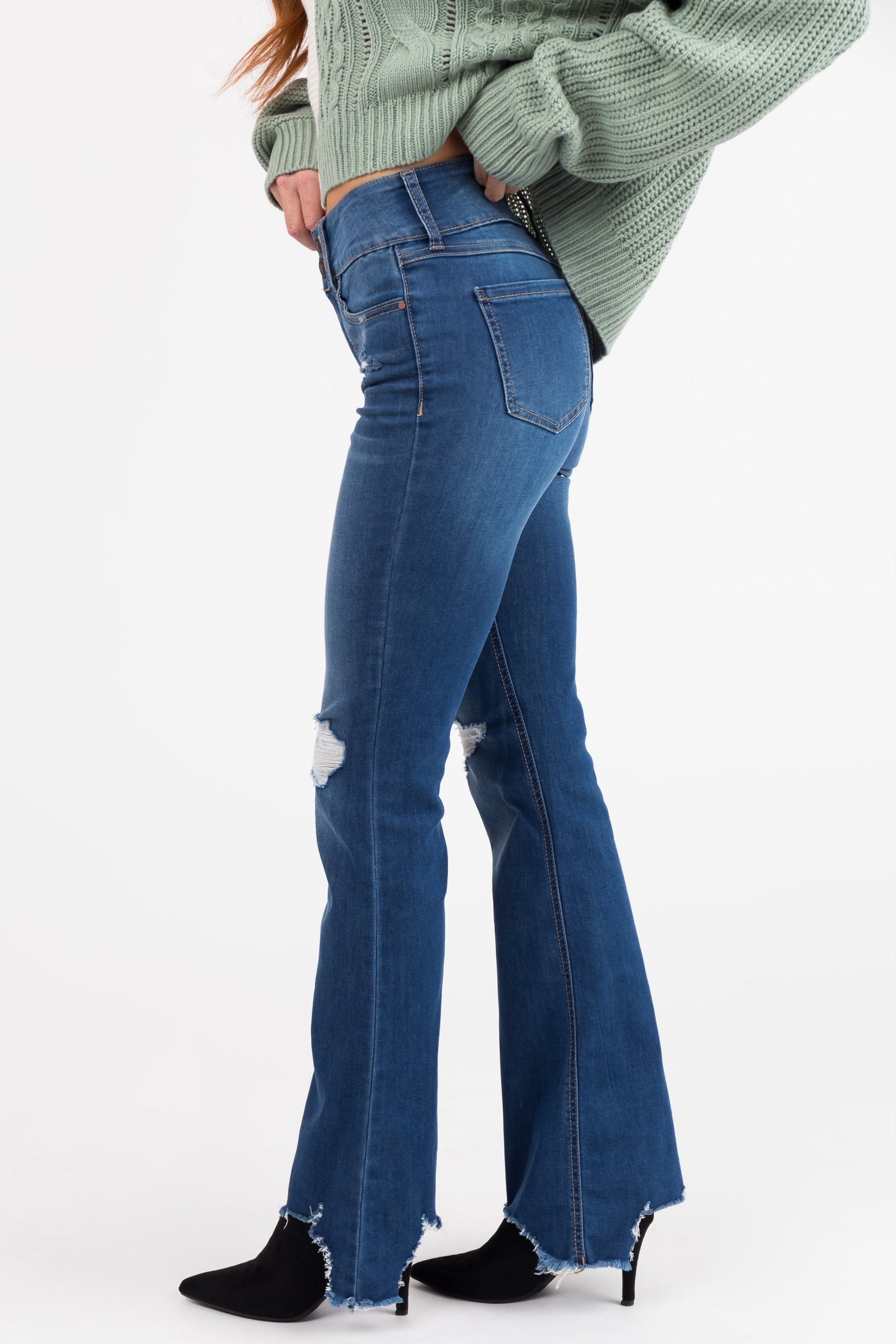 Rewash Medium Wash Fit and Flare Torn Hem Jeans