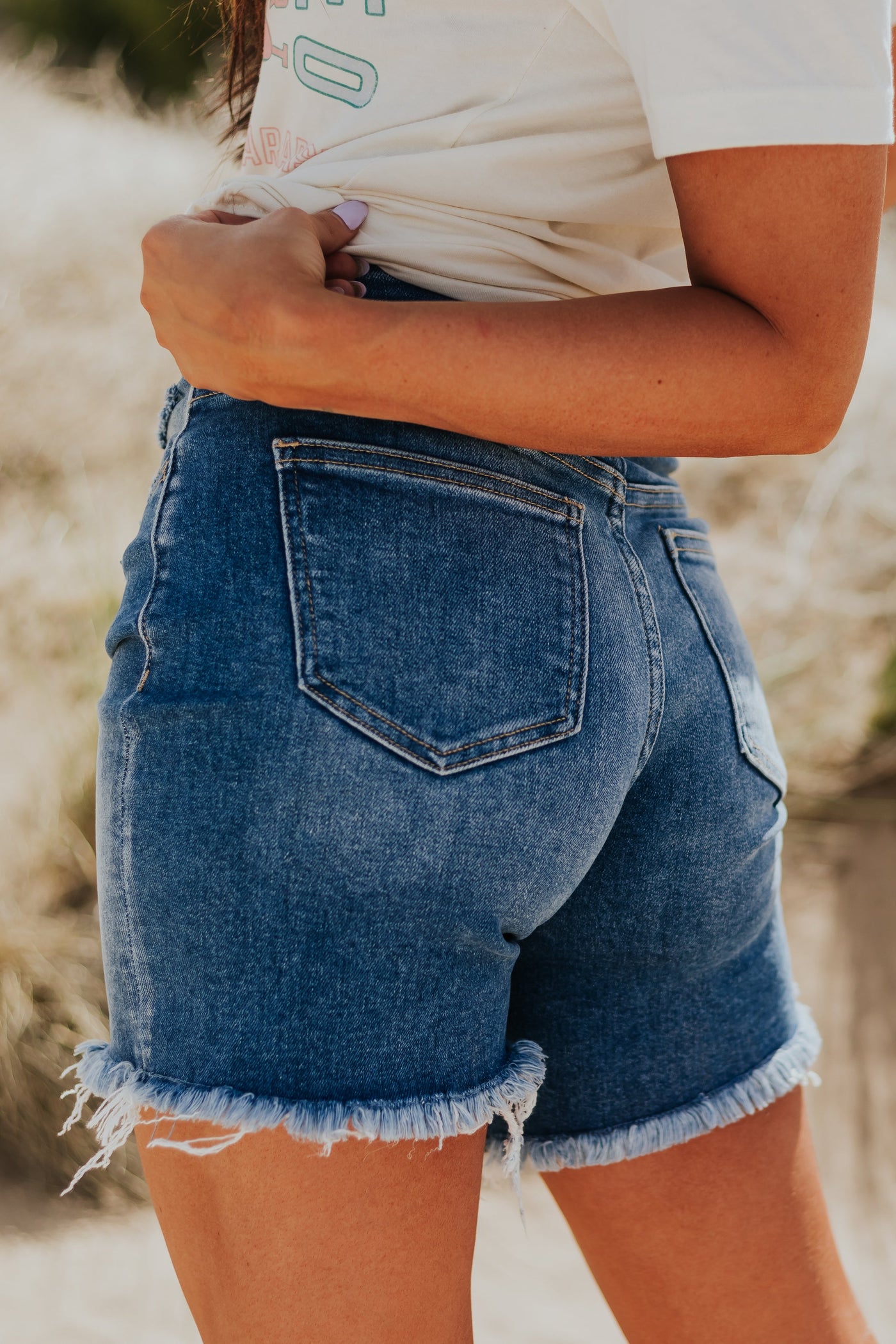 Medium Wash Frayed Hem Bermuda Denim Shorts