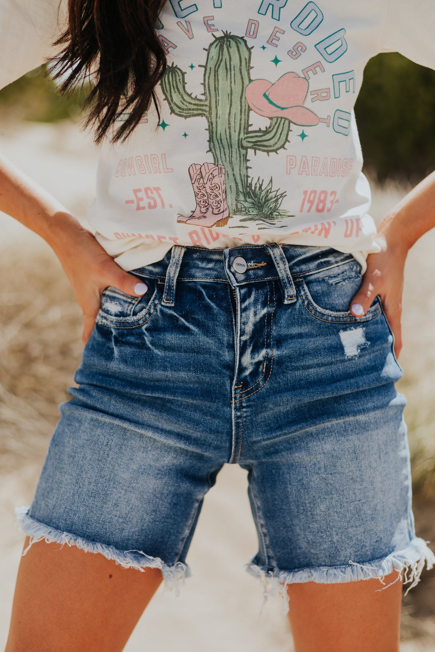 Medium Wash Frayed Hem Bermuda Denim Shorts
