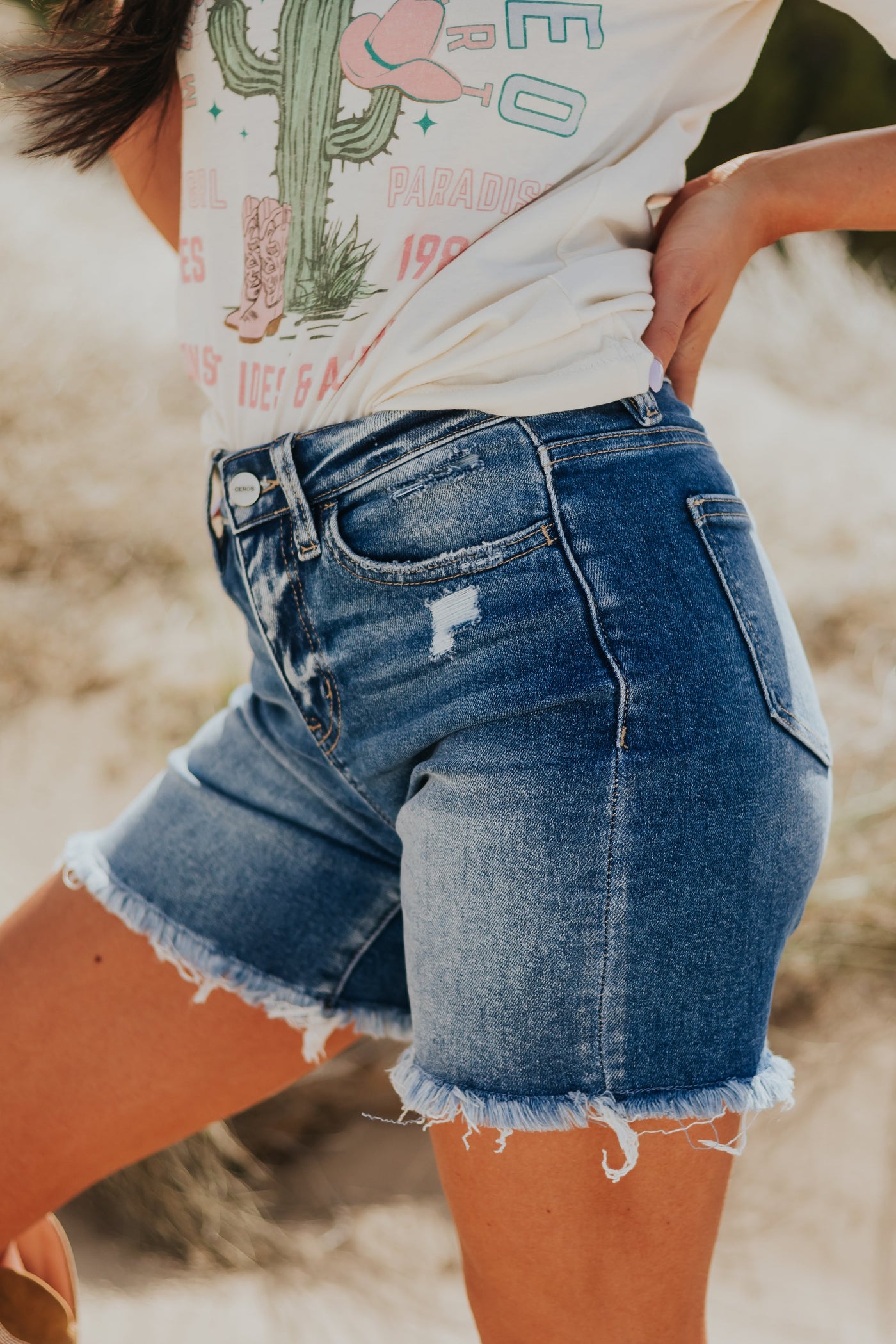 Medium Wash Frayed Hem Bermuda Denim Shorts