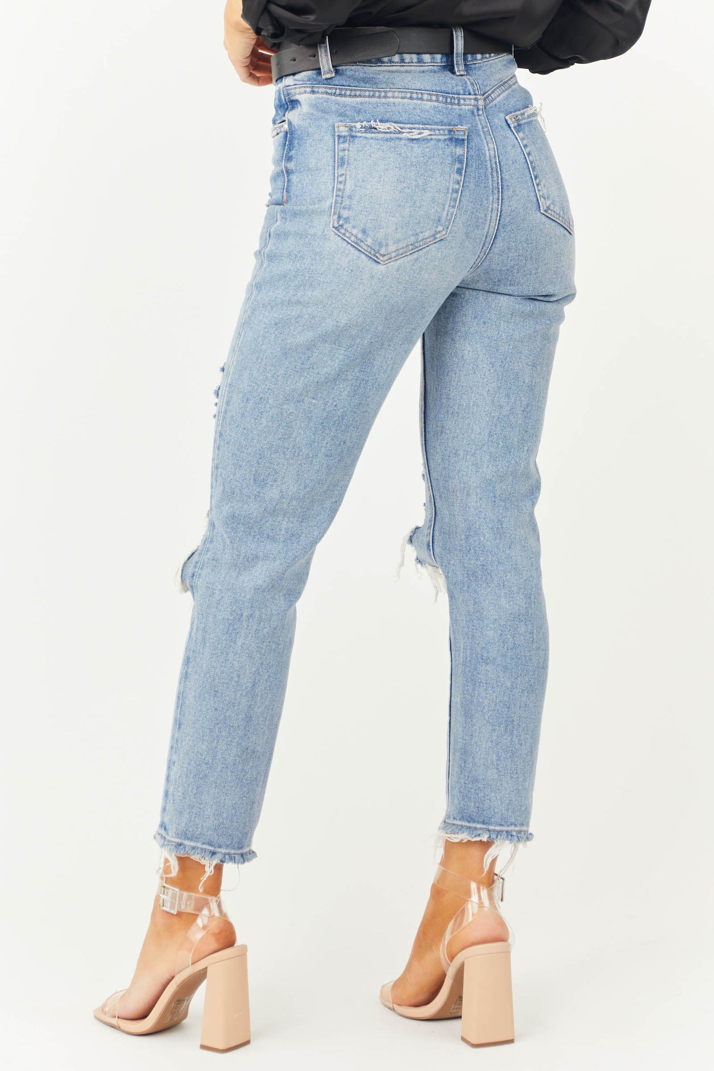 Medium Wash Frayed Hem Distressed Mom Jeans