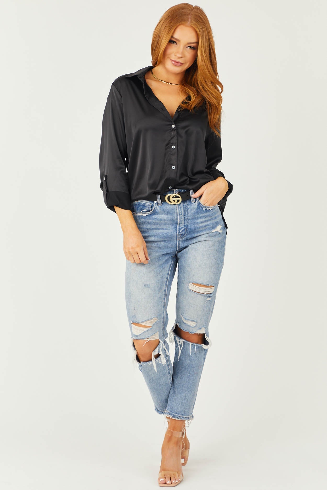 Medium Wash Frayed Hem Distressed Mom Jeans