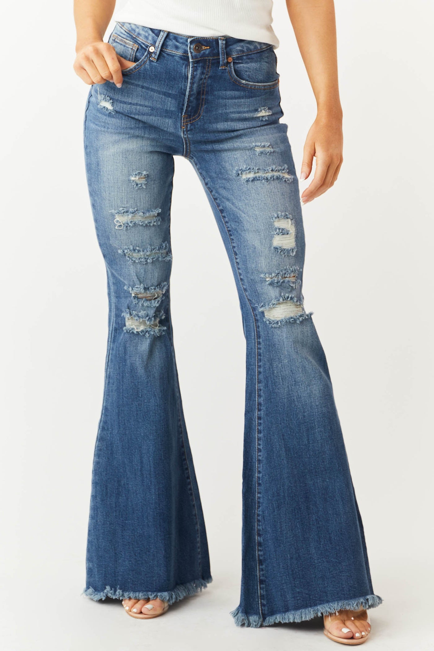 Special A Medium Wash Frayed Hem High Rise Flare Jeans
