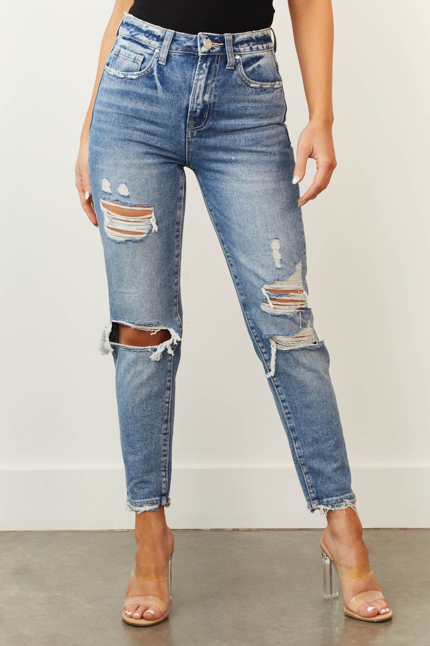 Medium Wash High Rise Cropped Mom Jeans