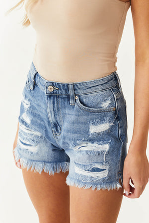 Medium Wash High Rise Destructed Shorts with Frayed Hem