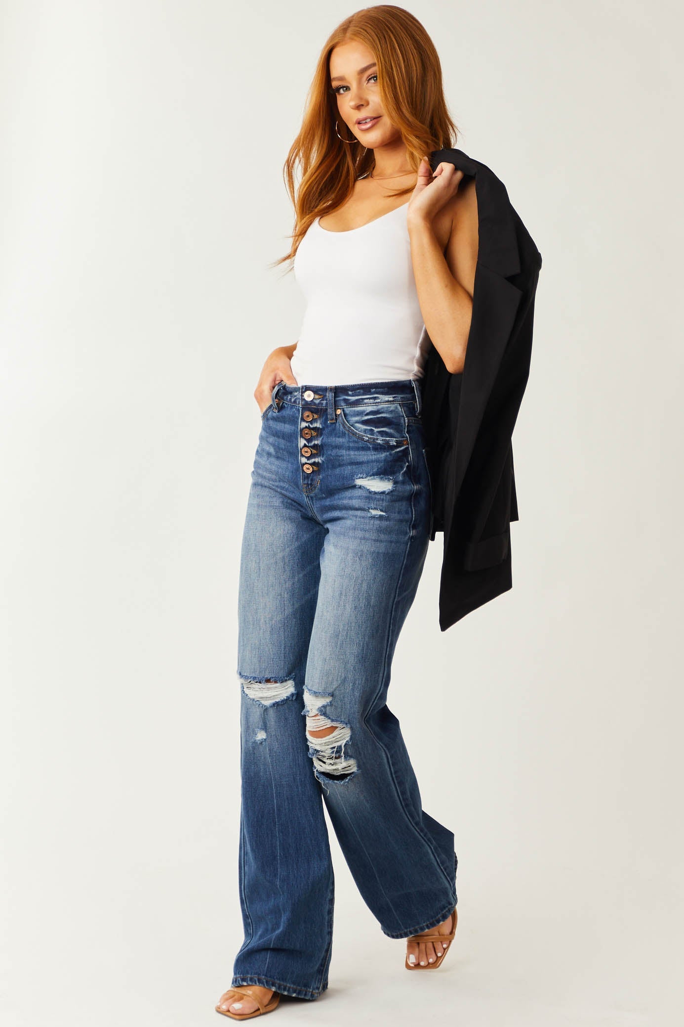 Medium Wash High Rise Distressed Knee Jeans