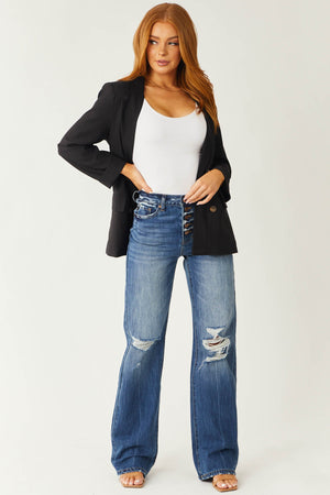 Medium Wash High Rise Distressed Knee Jeans