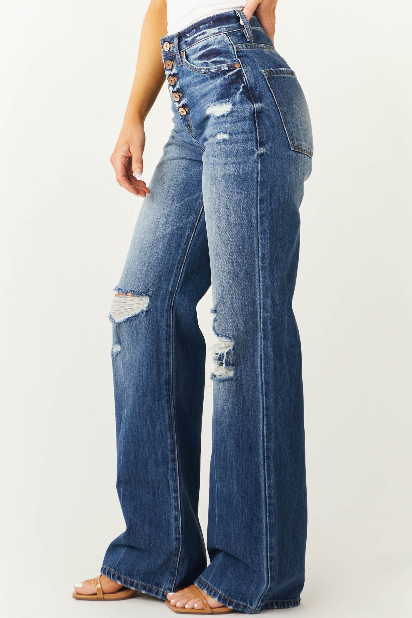 Medium Wash High Rise Distressed Knee Jeans