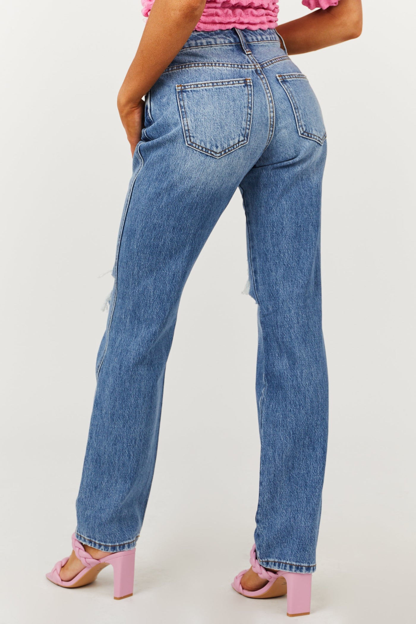 Medium Wash High Rise Distressed Straight Jeans