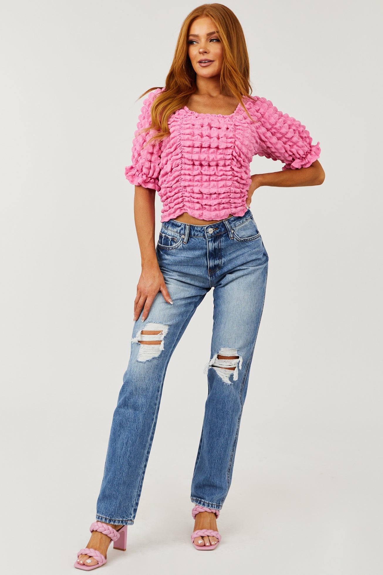 Medium Wash High Rise Distressed Straight Jeans