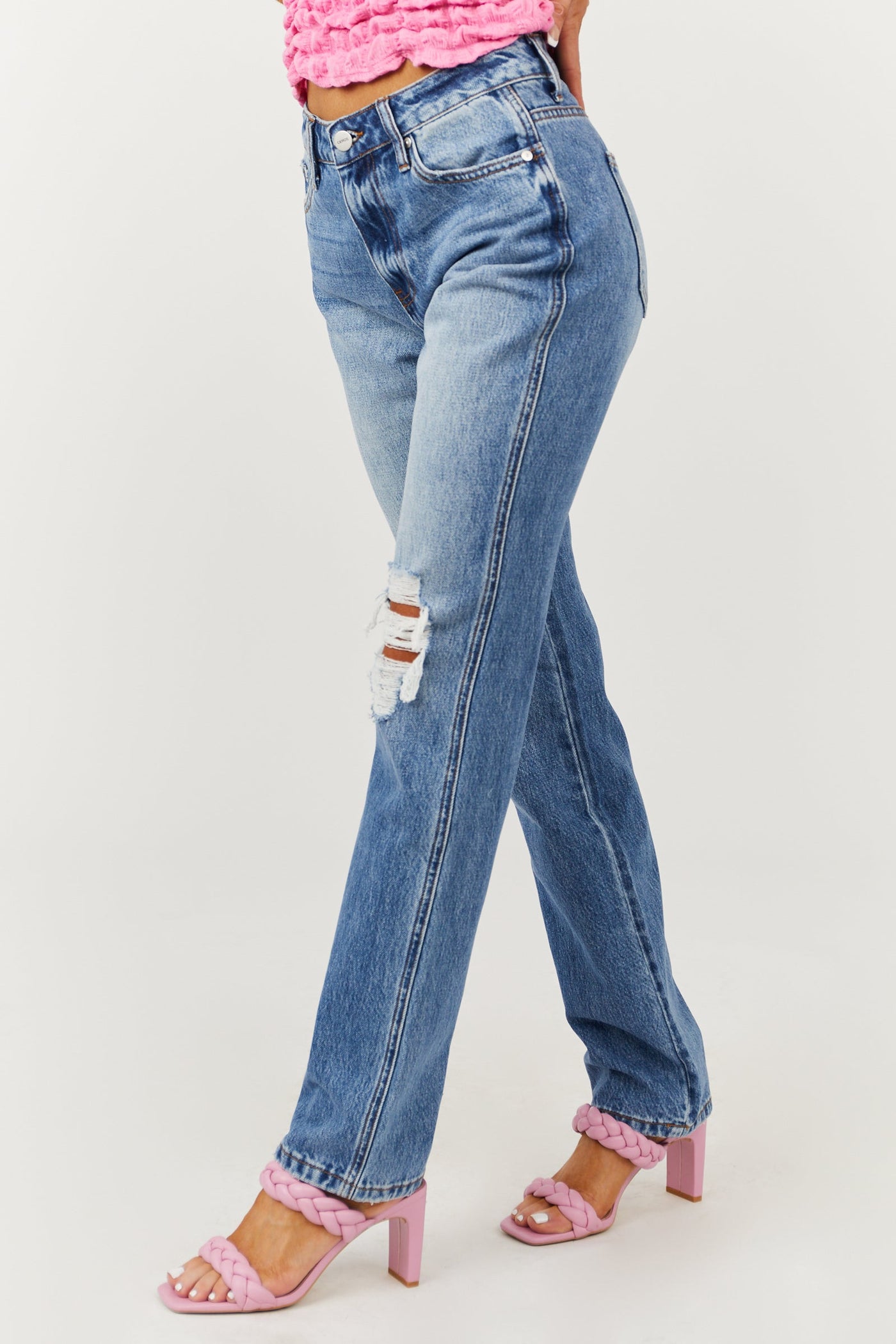 Medium Wash High Rise Distressed Straight Jeans