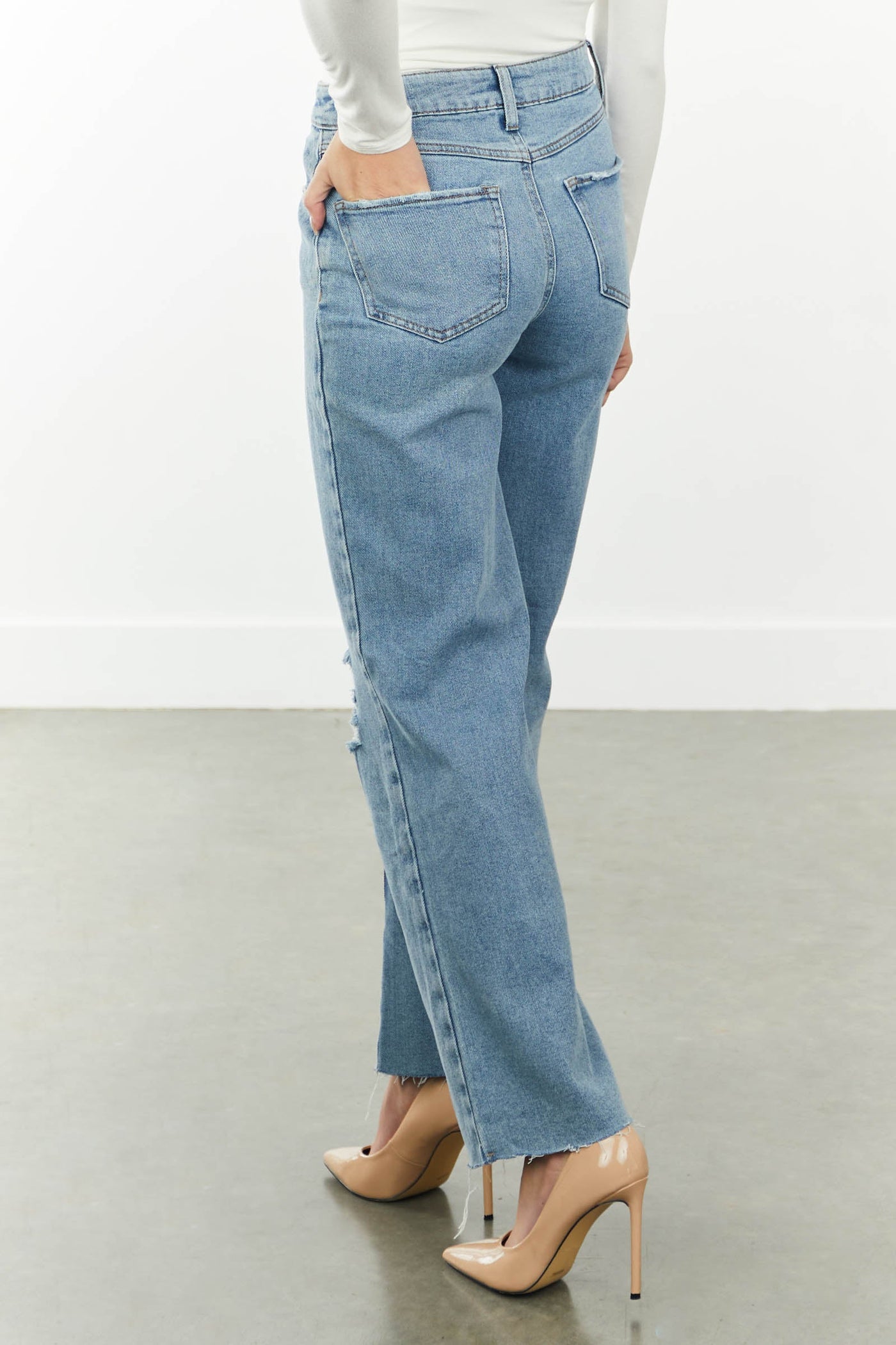 Medium Wash High Rise Distressed Wide Leg Jeans