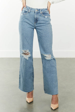 Medium Wash High Rise Distressed Wide Leg Jeans