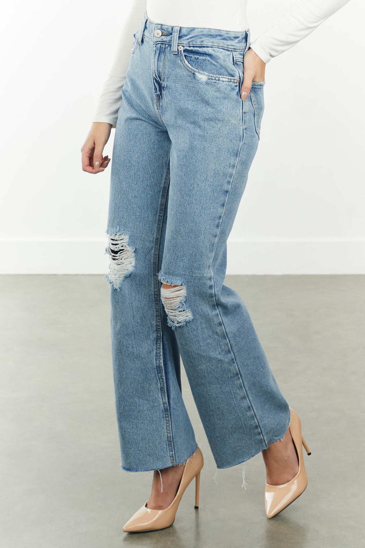 Medium Wash High Rise Distressed Wide Leg Jeans