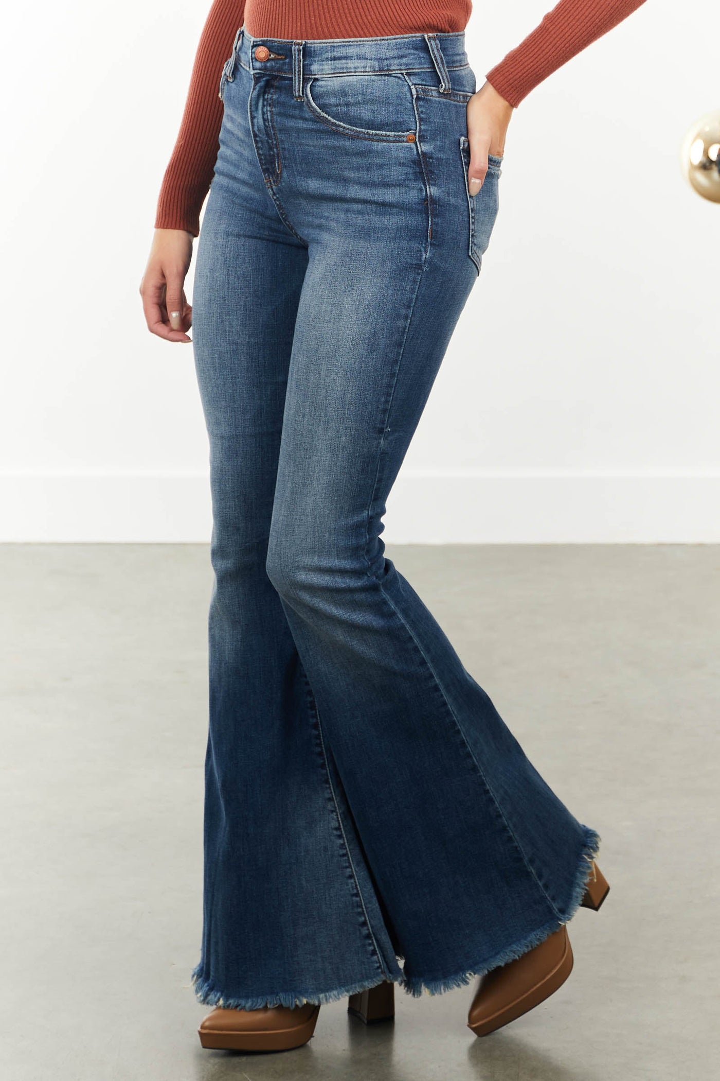 Medium Wash High Rise Frayed Hem Bootcut Jeans