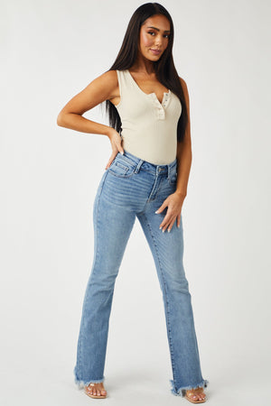 Medium Wash High Rise Raw Hem Bootleg Jeans