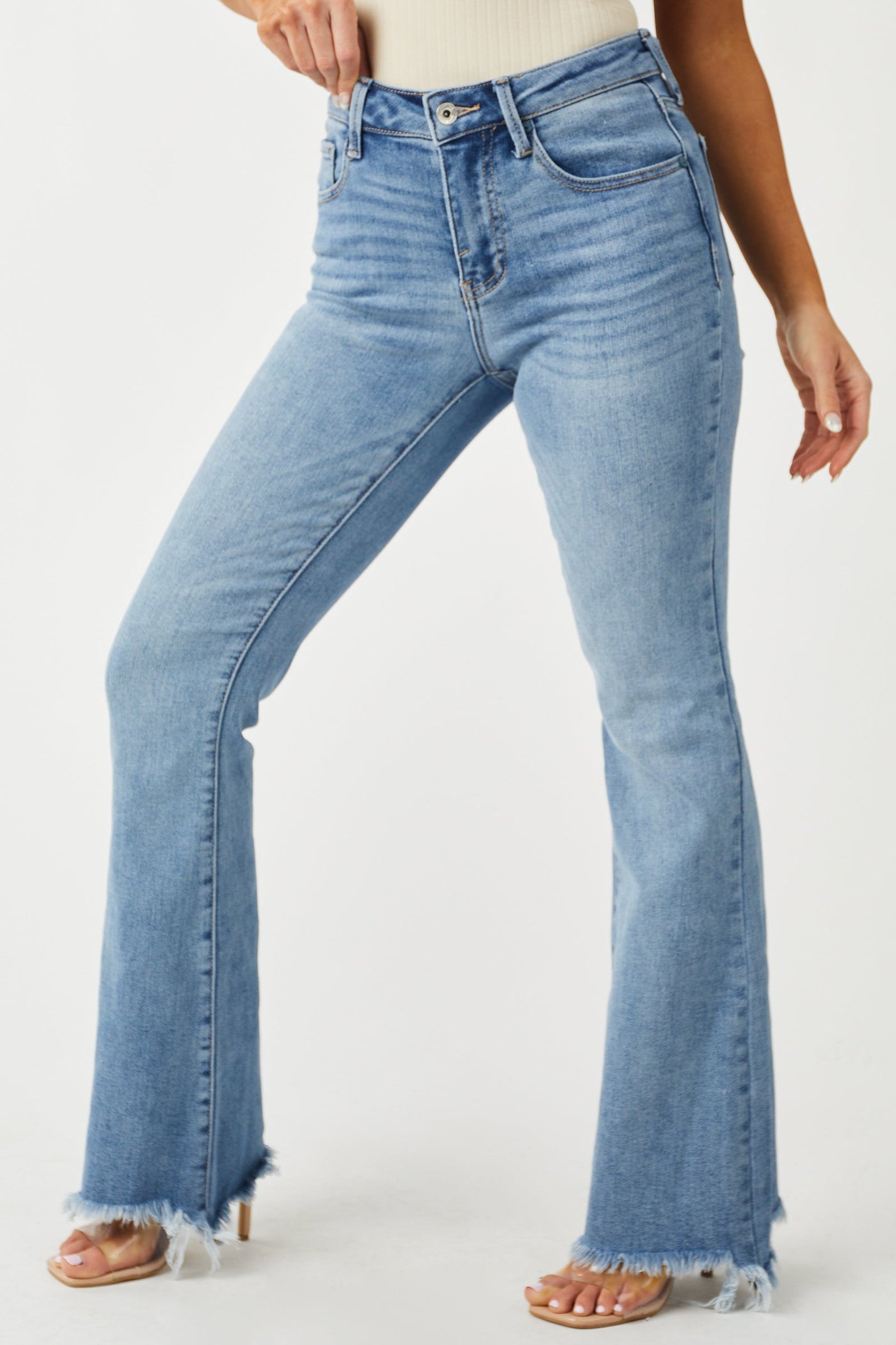 Medium Wash High Rise Raw Hem Bootleg Jeans