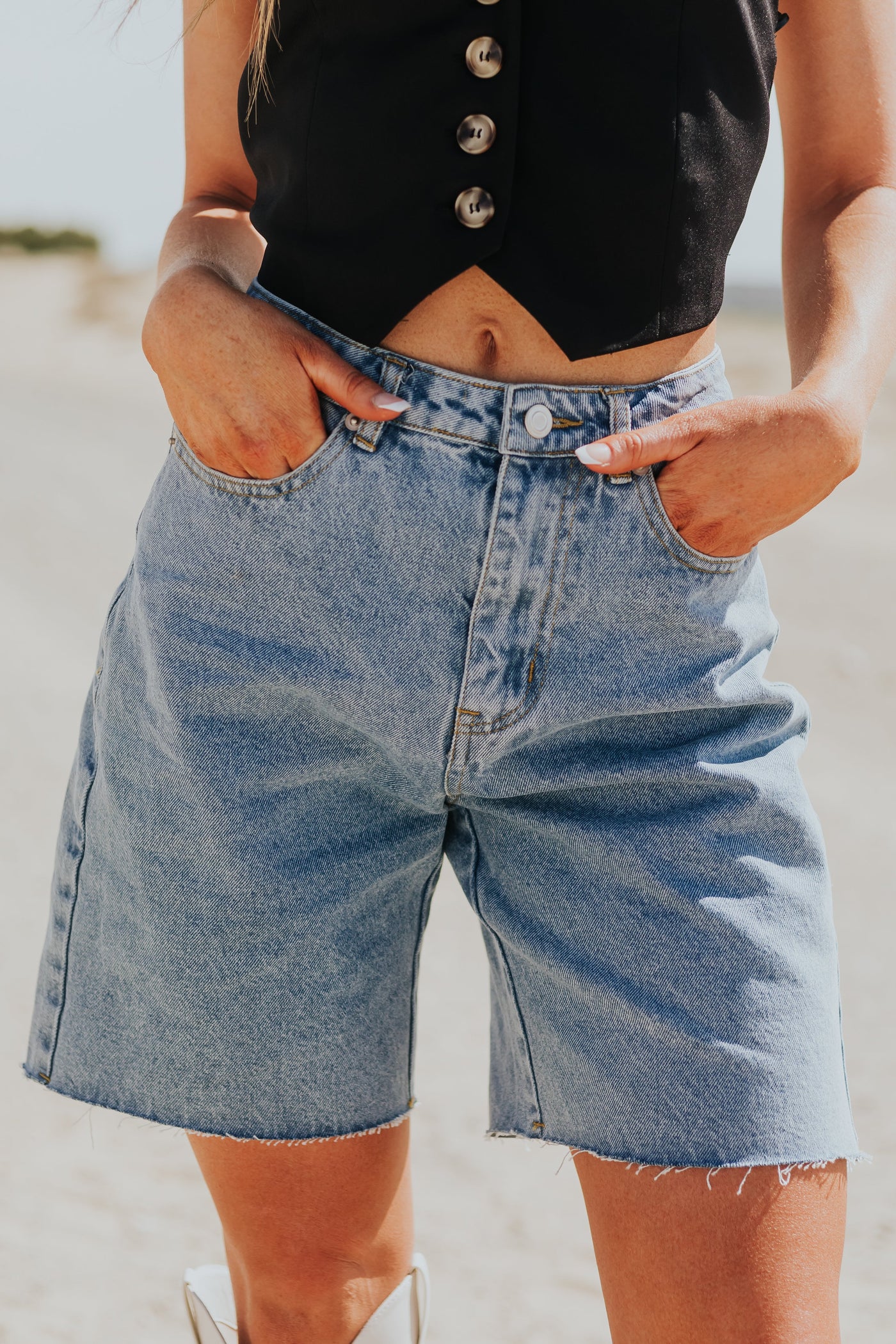Medium Wash High Rise Relaxed Denim Shorts