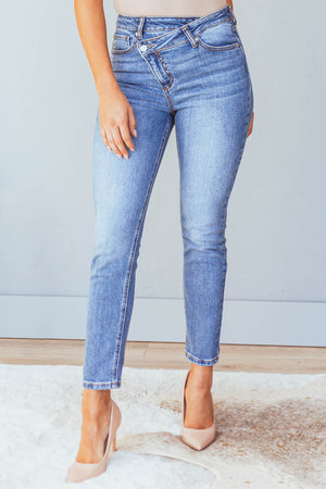 Medium Wash High Rise Skinny Jeans with Crossover Fly