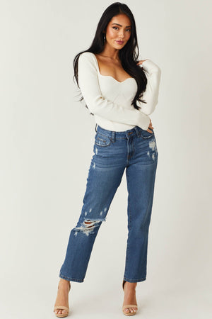 Medium Wash High Rise Straight Ankle Jeans